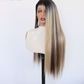Long straight wig with a dark brown section and a blonde section on a mannequin, front view with a lace hairline