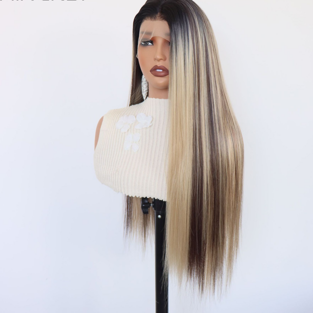 Long straight wig with a dark brown section and a blonde section on a mannequin, front view with a lace hairline