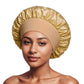 Gold satin sleep bonnet with ruffled crown and wide elastic band, 32 cm diameter