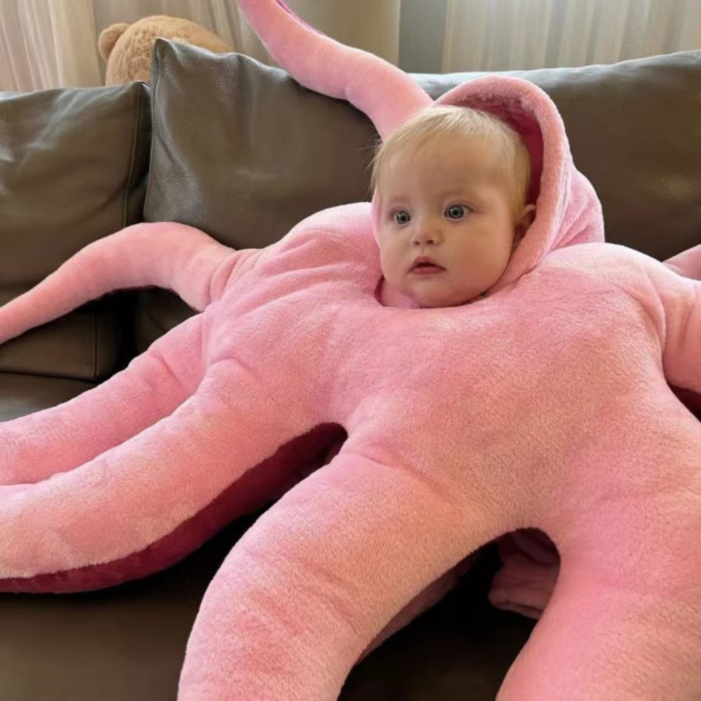 Pink octopus plush costume with eight long stuffed tentacles