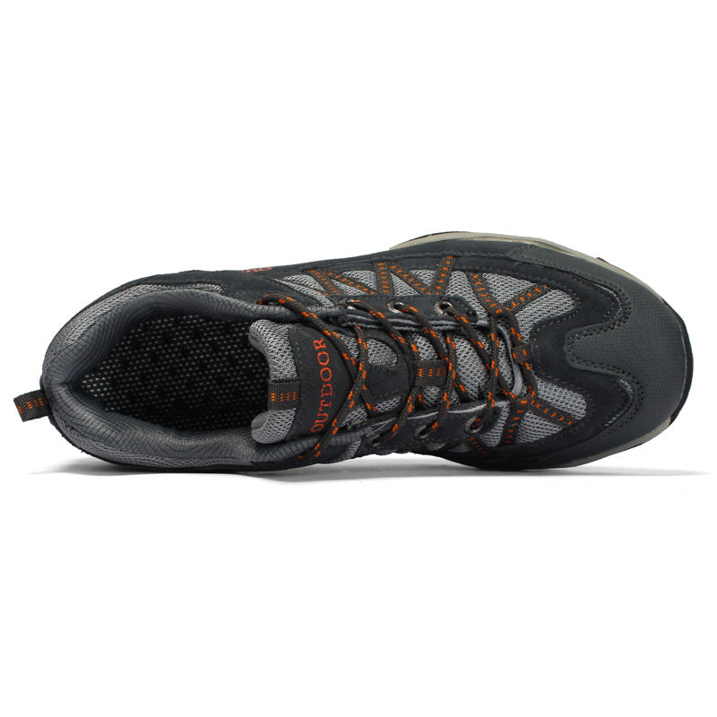 Low top lace up hiking shoe with a breathable mesh upper shown at an angle
