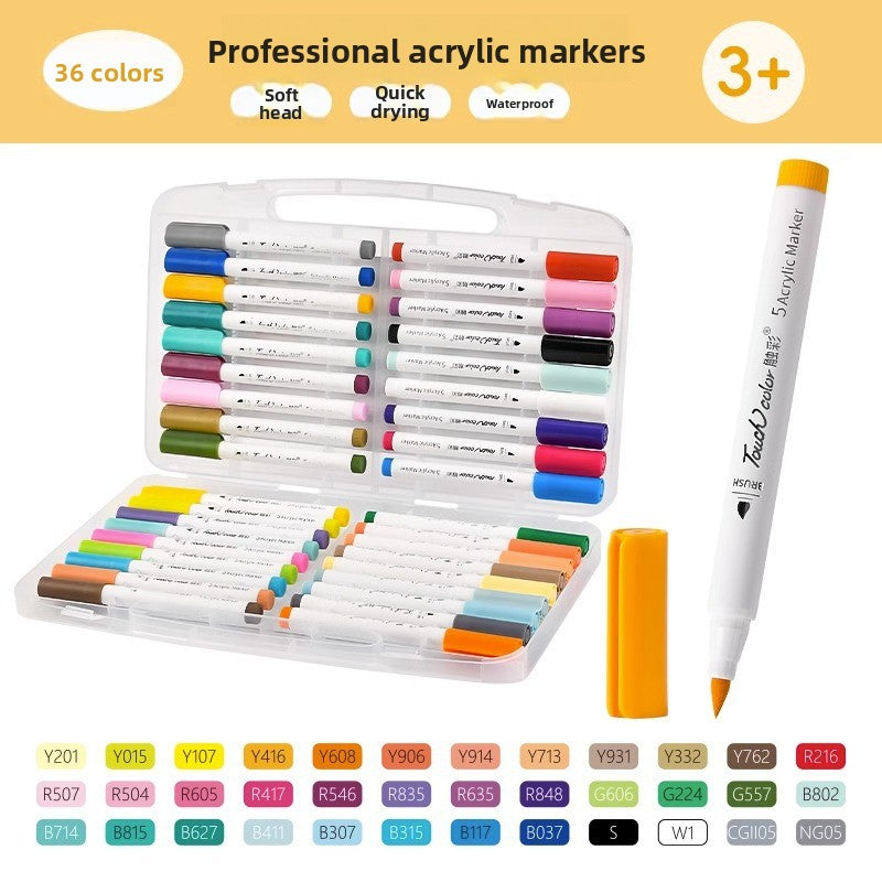 Thirty six color acrylic brush marker set in a clear case with a color swatch chart below