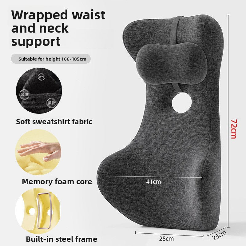 Grey memory foam back cushion with soft cover, foam core and steel frame callouts