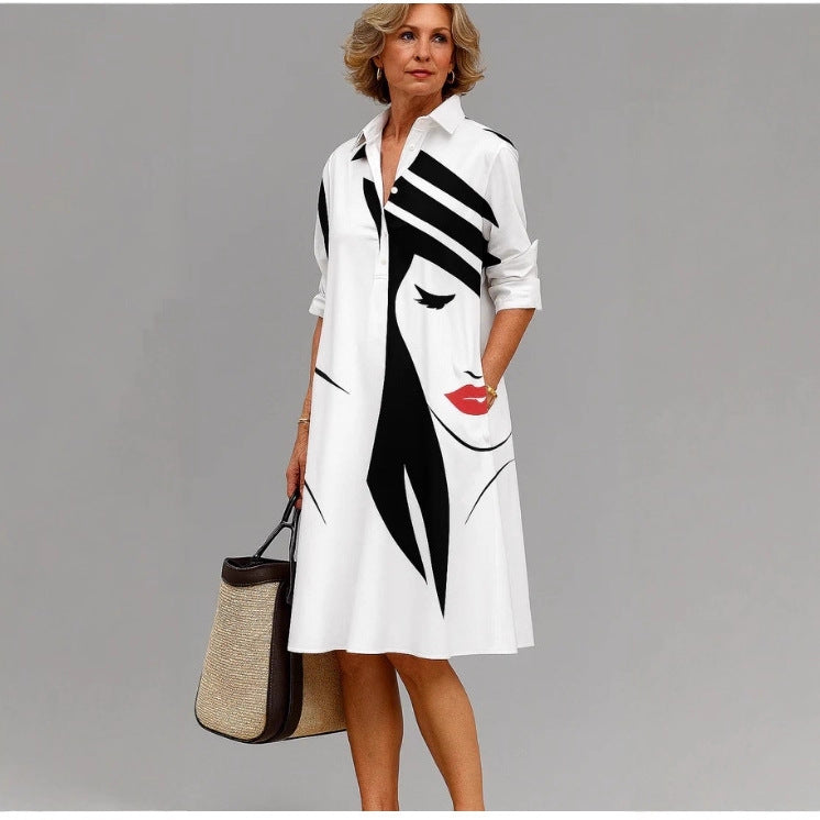 White Line Art Face Print polyester shirt collar long sleeve A-line midi dress on a standing model