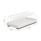 Pot and pan rack filled with cookware standing on edge in a base cabinet
