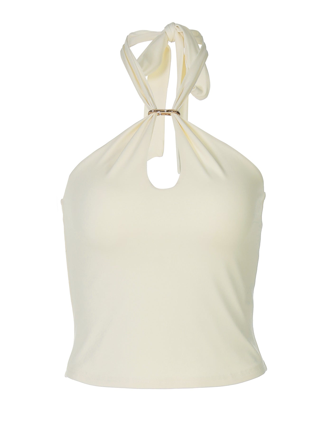 Close up of the gold O-ring and keyhole cutout at the halter neckline of the top