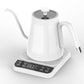 White gooseneck electric kettle with a white handle on a white base, Coffee and Boil touch pads in view