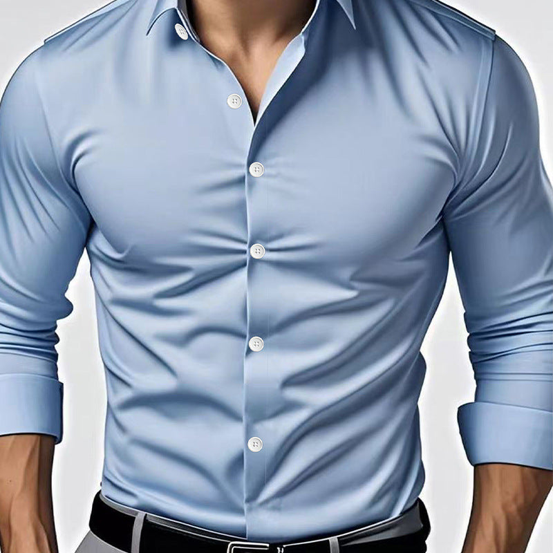 Mens slim fit long sleeve dress shirt in a solid color with a turn down collar and button front