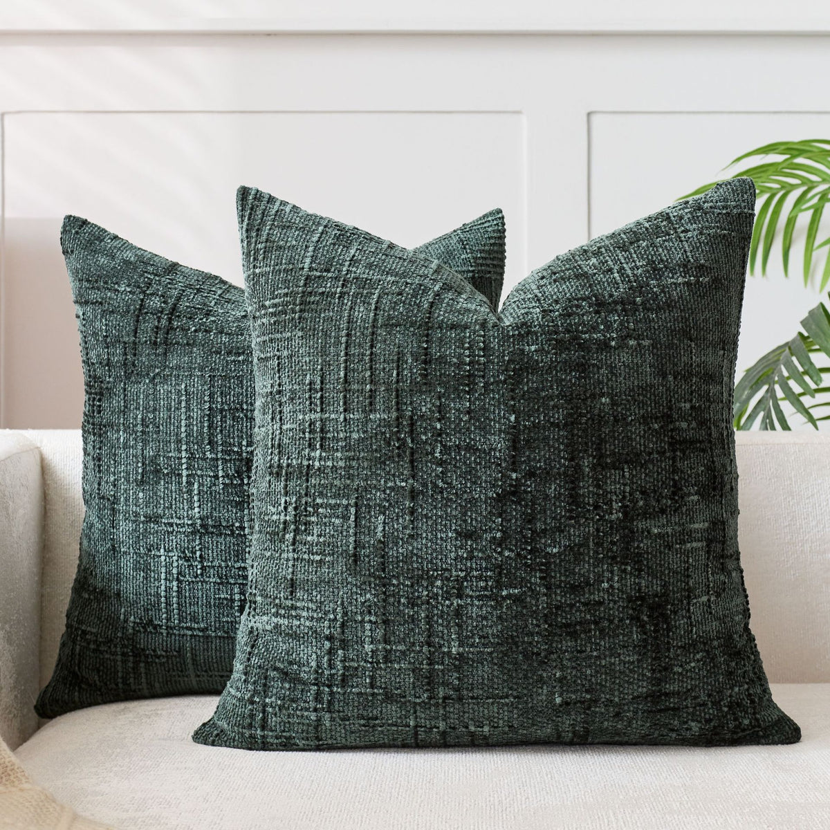 Decorative chenille throw pillow cover, plain dyed with a subtle woven grid texture across the front panel