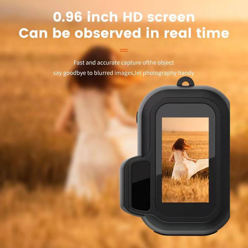 Mini camera rear screen framing a field scene with the 0.96 inch label