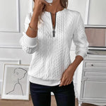 Womens cable knit quarter zip pullover with a mock neck and ribbed cuffs, front view