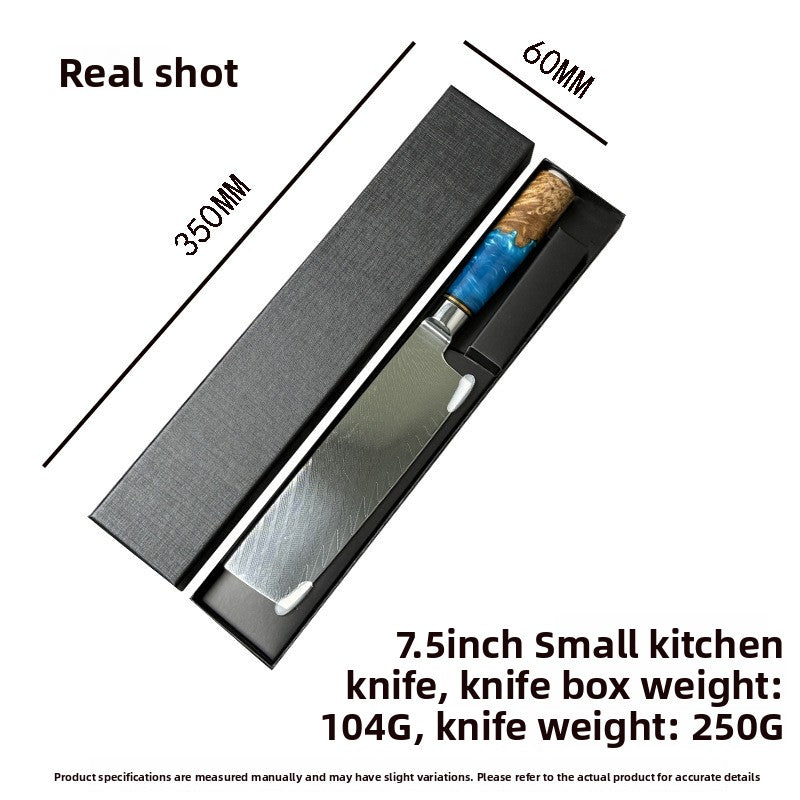 7.5in Damascus santoku knife with blue resin handle lying in its black gift box with size markings