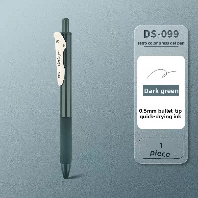Dark green retractable gel pen on a matching background, labeled Dark green, Dark Green 1pc