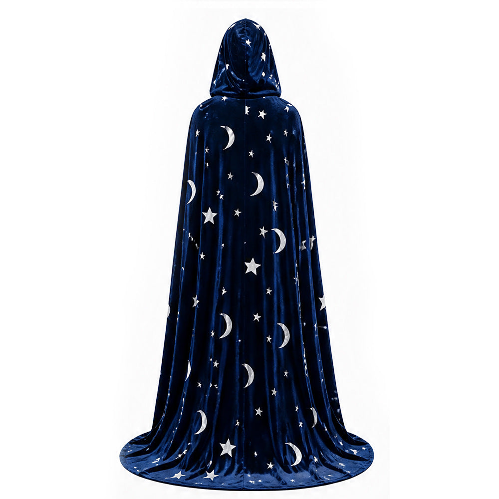 Navy Blue variant, size 150: navy velvet cloak with a hood and silver stars and moons, full length