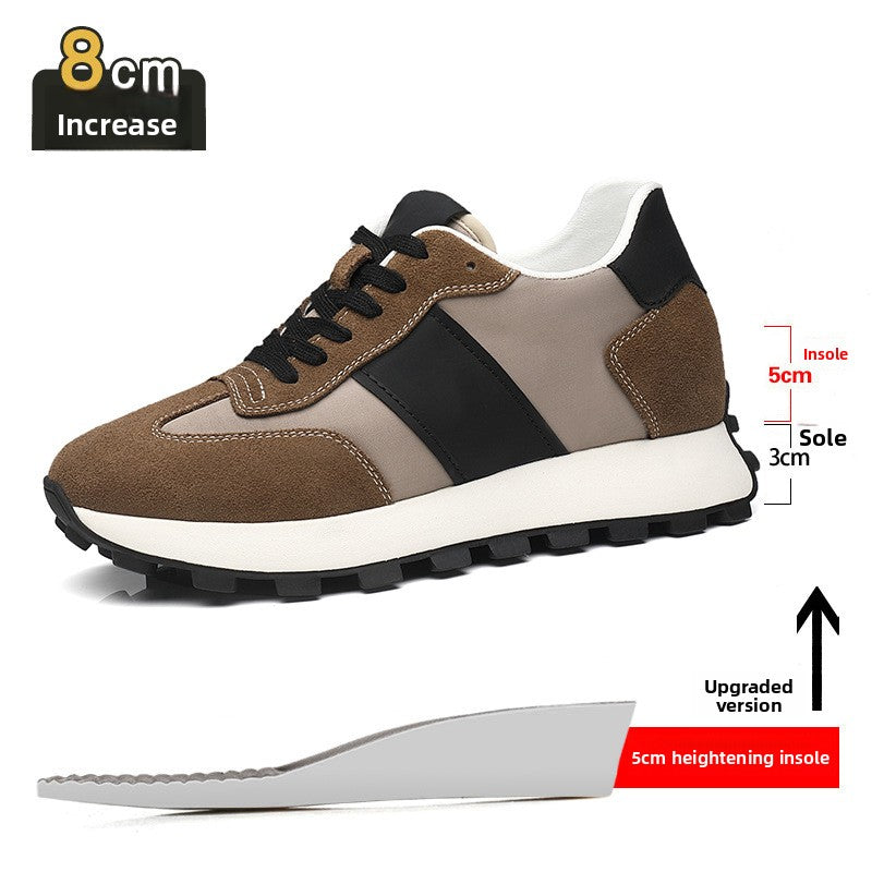 Brown cow suede height increasing sneaker with a 5 cm insole and 3 cm sole diagram