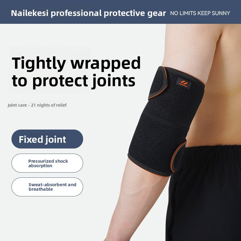 Adjustable elbow wrap shown flat to display the hook and loop strap and mesh panel