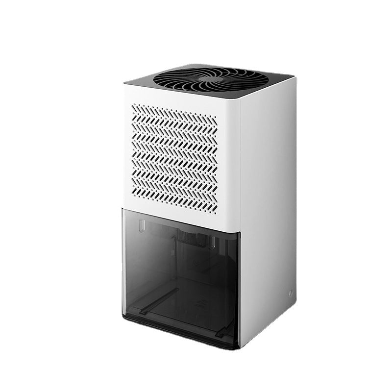 White compact dehumidifier tower with a black top fan, slotted side grille and clear removable water tank