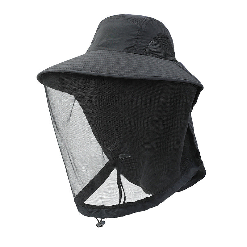 Outdoor mosquito net sun hat shown at an angle with the net down