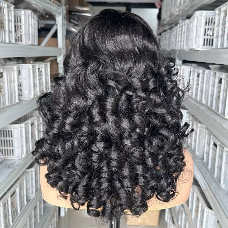 Back view of the natural black curly wig, spiral curls covering the whole cap