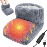 Gray plush USB foot warmer boot with a glowing heat graphic, a control panel on the cord and a USB plug