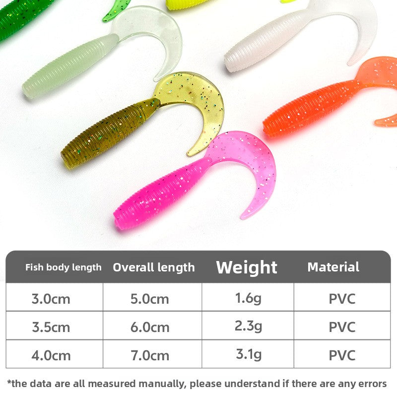 Spiral tail soft plastic lure side profile showing ribbed curled tail