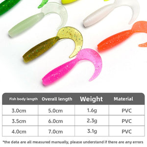 Spiral tail soft plastic lure side profile showing ribbed curled tail