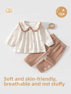 Toddler Girls Floral Top and Pants Set with Ruffle Collar