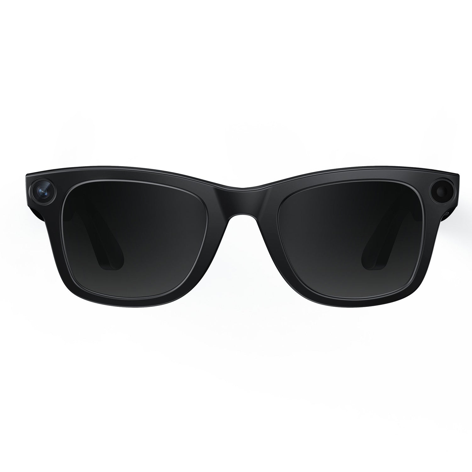 Beige smart glasses frame with a corner camera shown on a soft white surface