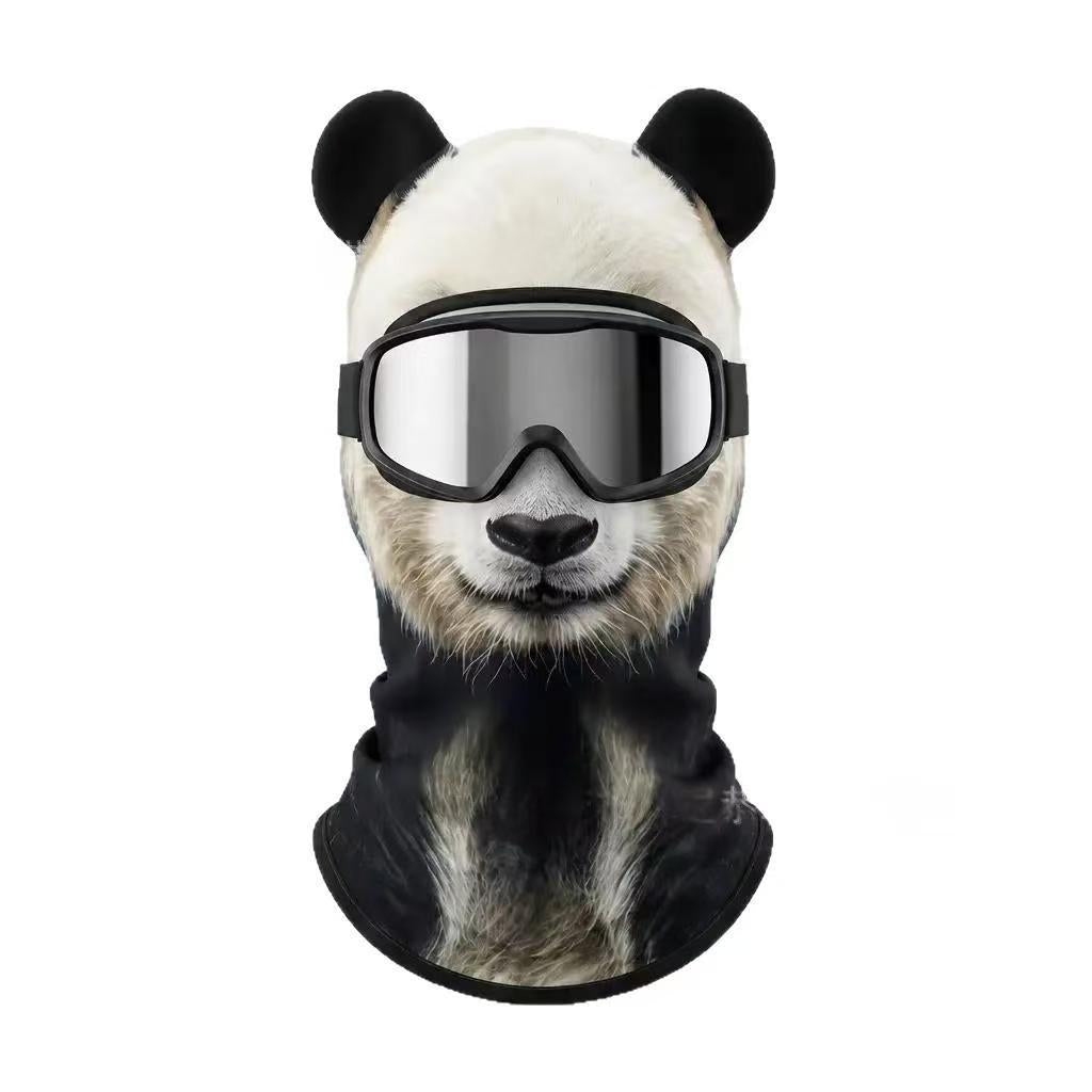Panda print fleece balaclava with round black ears and a black neck on a white background