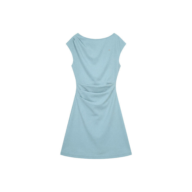 A-line cap sleeve ruched waist mini dress in soft stretch knit, the cap sleeve and shoulder line