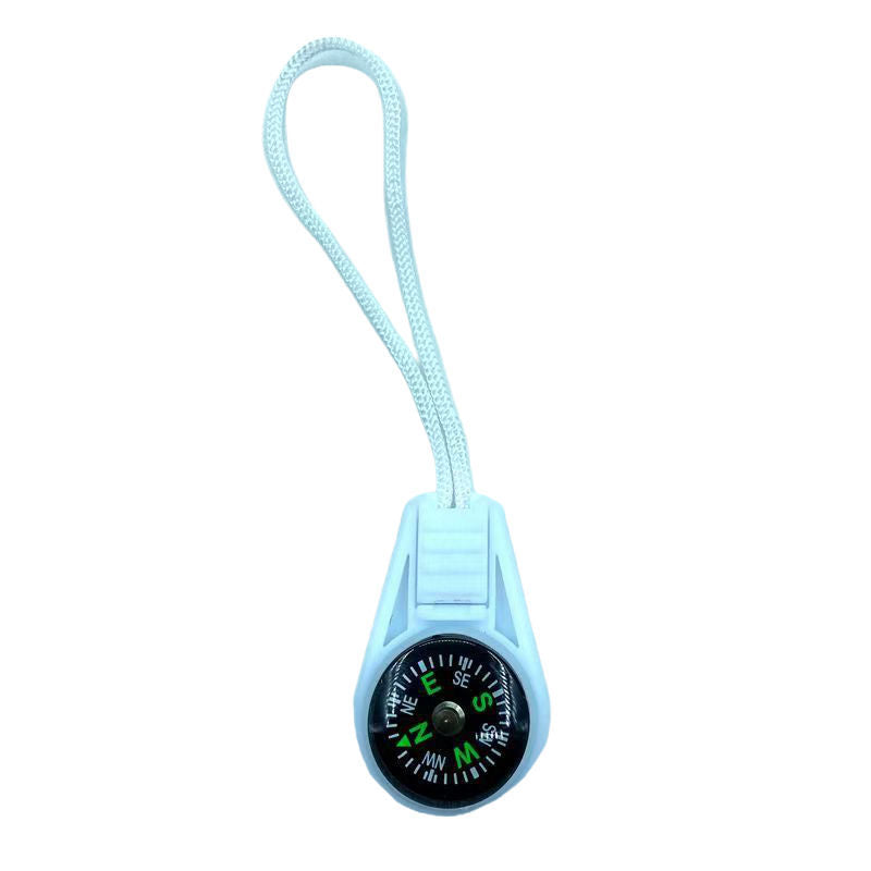 Light blue teardrop mini compass with a pale blue cord loop and a black dial with green lettering