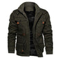 Military green fleece-lined cotton field jacket with stand collar and flap pockets, size M