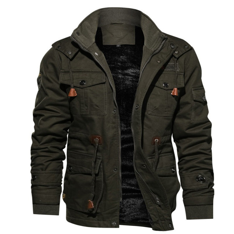 Military green fleece-lined cotton field jacket with stand collar and flap pockets, size M