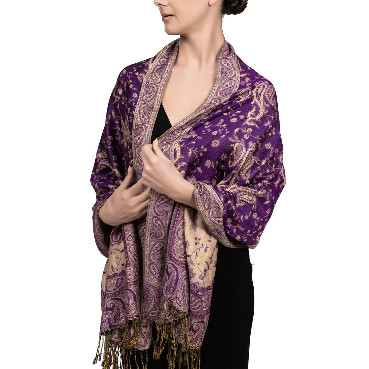 Purple paisley tassel shawl wrap worn draped over the shoulders with tasseled fringe ends