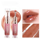 Nude OLIBOLLA lip glaze tubes with metal tips and a warm nude glossy lip swatch
