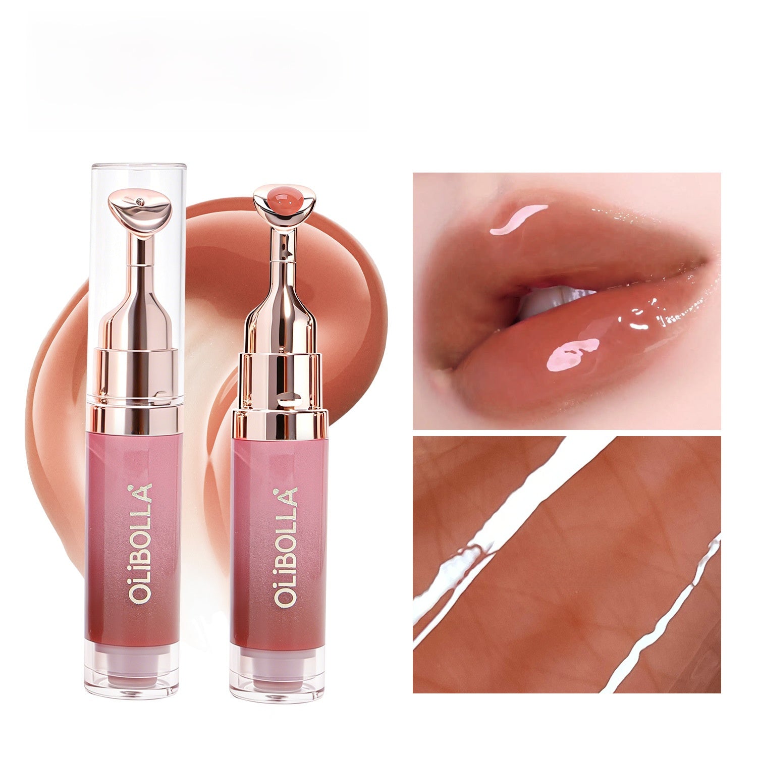 Nude OLIBOLLA lip glaze tubes with metal tips and a warm nude glossy lip swatch
