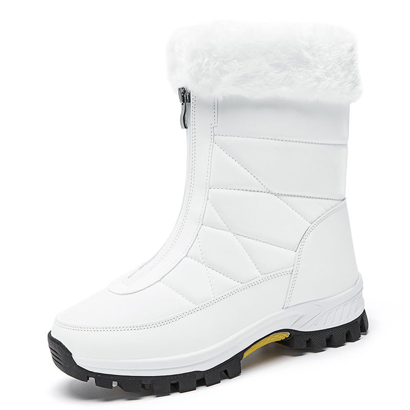 White mid top snow boot with plush cuff and front zipper on a white background