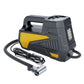 Second view of the black and yellow tire inflator with braided hose, metal nozzle and 12V power cord