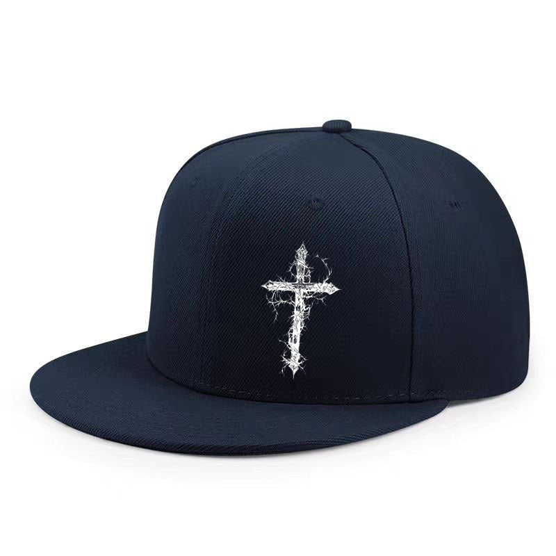Navy blue flat brim snapback cap with a white lightning cross on the structured front