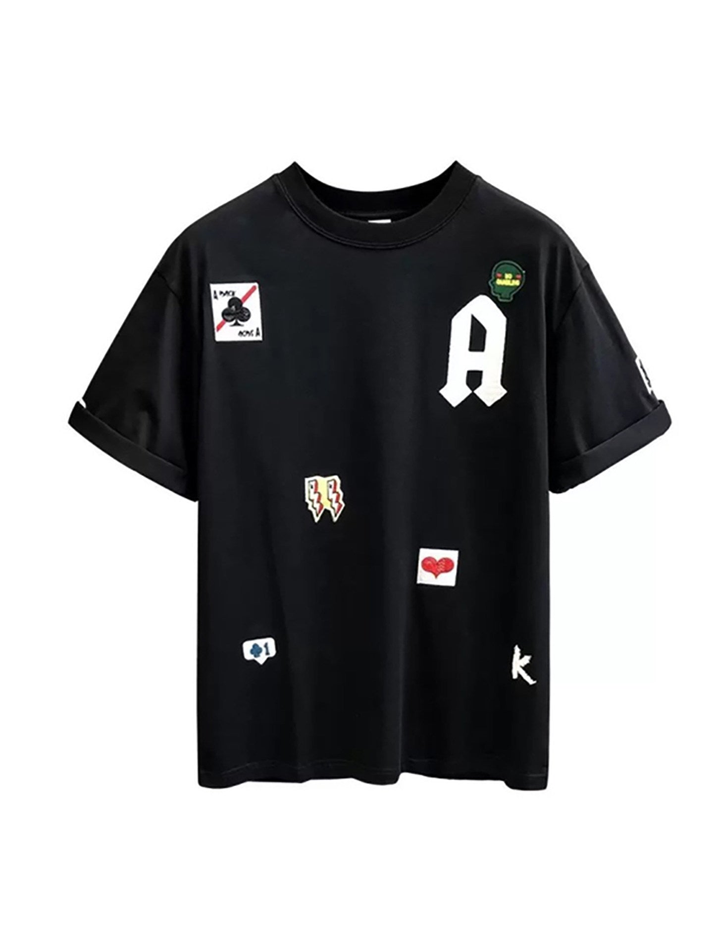 Men's loose fit embroidered patch T-shirt in white with a varsity A letter and sewn on patches