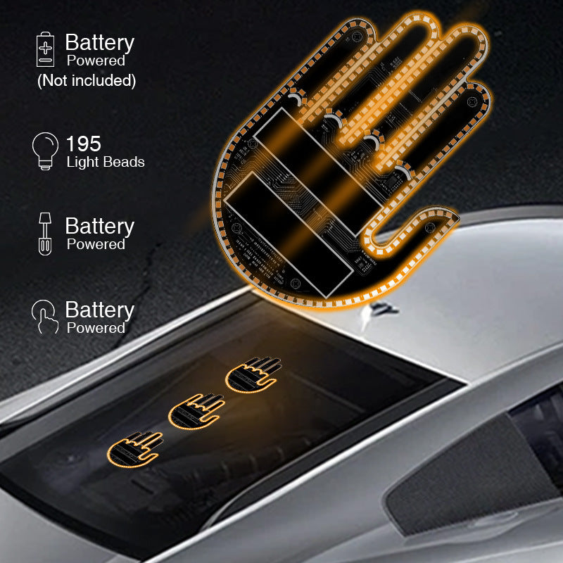 Lit amber LED hand panel above a car window with three small hand lights, with battery and 195 light beads icons
