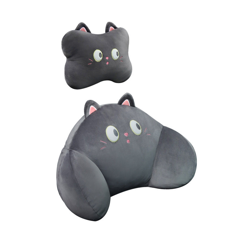 Black cat headrest pillow and lumbar pillow shown together on a white background