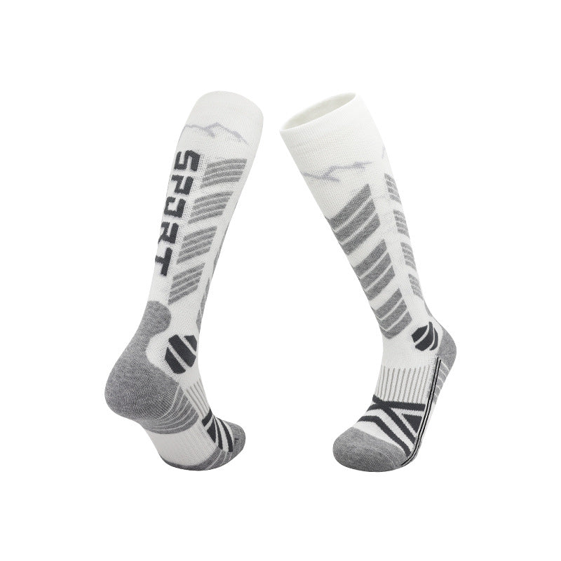 Cushioned ski socks with SPORT knit lettering on the leg and a reinforced heel and toe