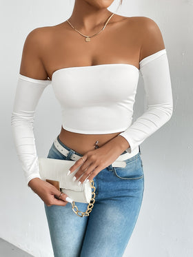 Womens Off Shoulder Long Sleeve Crop Top