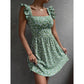 Floral square neck ruffle strap tie back mini dress shown flat, standing pose front