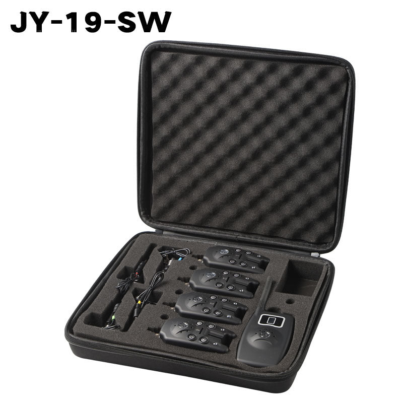 Open zipped case with four bite alarms, a receiver and swingers