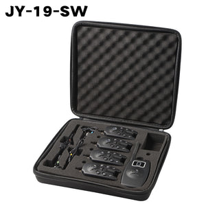 Open zipped case with four bite alarms, a receiver and swingers
