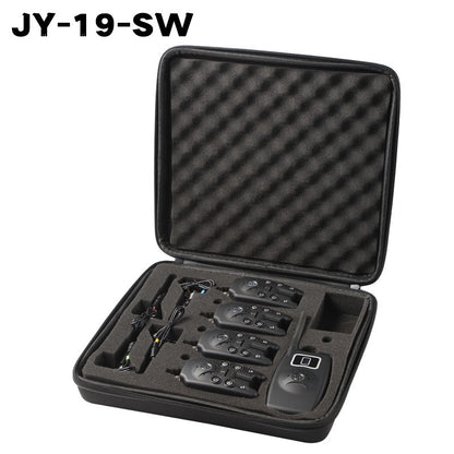 Open zipped case with four bite alarms, a receiver and swingers
