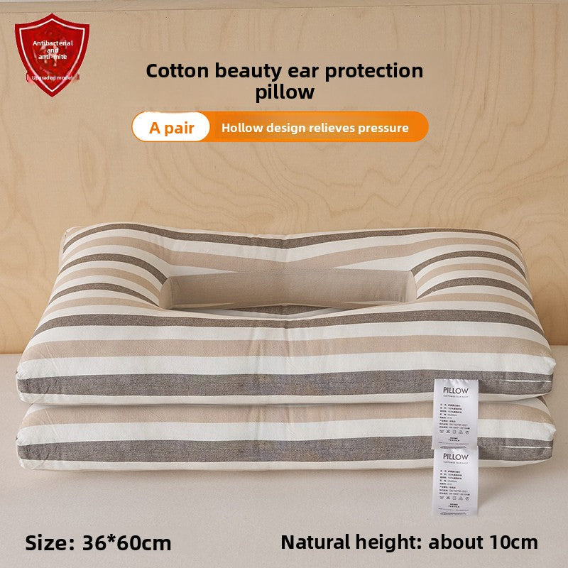 Contoured cotton side sleeper pillow with a hollow ear relief center and neck ridge, brown stripe