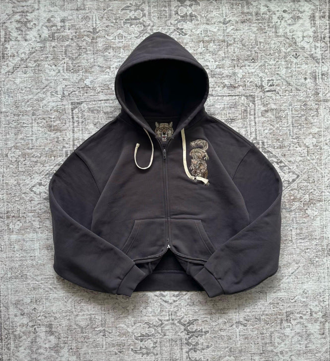 Black zip-up hooded sweatshirt with embroidered animal and wolf hood lining, size M variant image